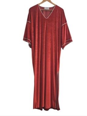 Mary McFadden Collection I Vintage Velvet Caftan Dress Red Maxi Made USA Sz XL